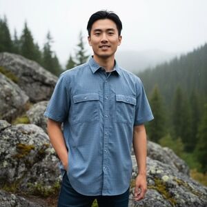 Prana Garvan Shirt Mens Medium Blue White Check Mesh Lined Button Up